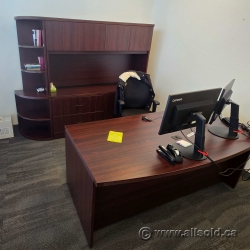 Mahogany Bow Front Desk w/ Dual Pedestals & Credenza w/ Overhead